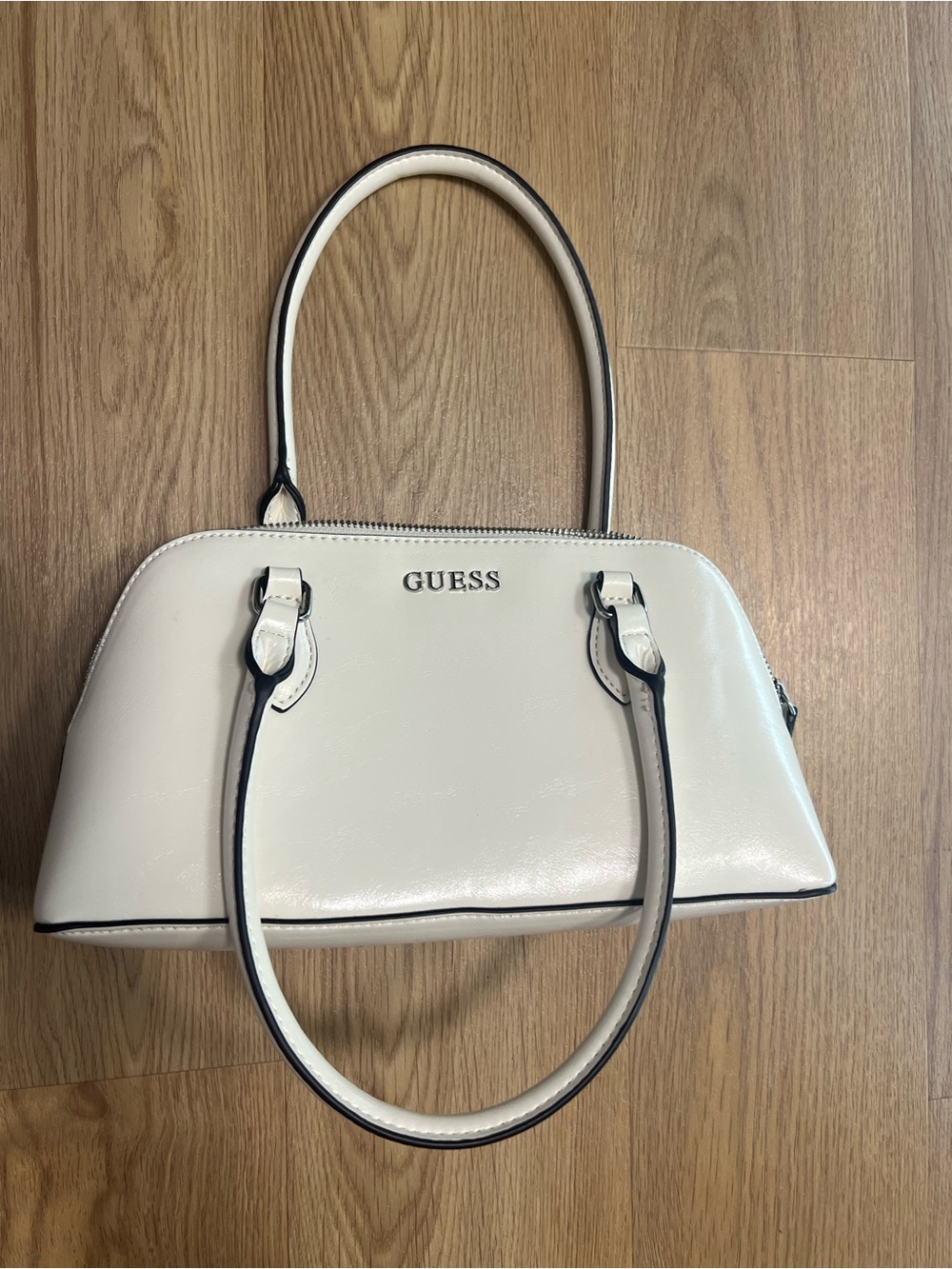 GUESS Cream Dome Satchel with Black Trim